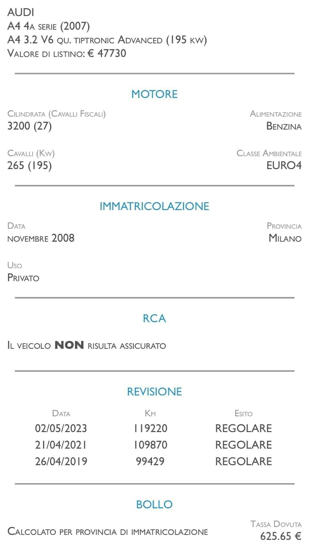 Audi A4 3.2 V6 qu. tiptronic Advanced - UNICO PROPRIETARIO