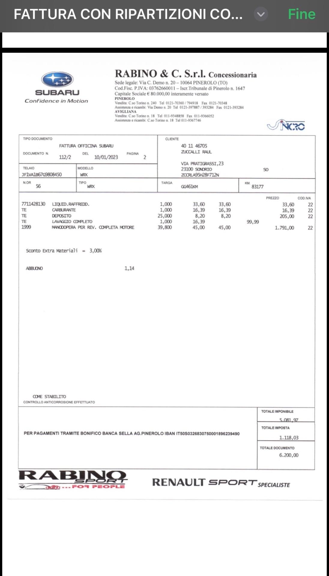 Subaru WRX 2.0 Motore sostituito