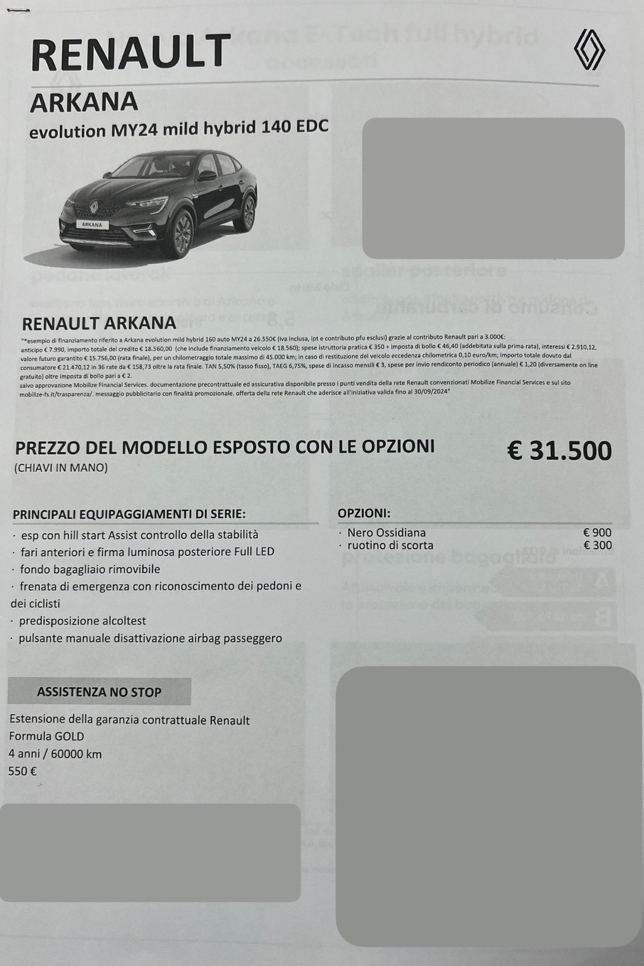 Renault Arkana 1.3 mild hybrid possibilità noleggio no scoring