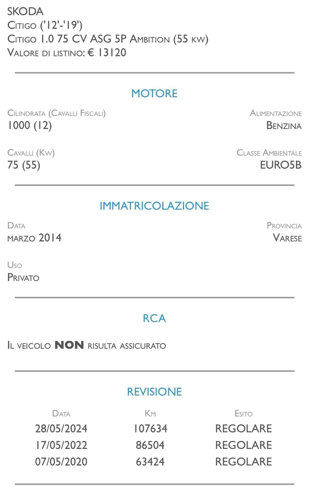 Skoda Citigo 1.0 75 CV ASG 5 porte Ambition - CAMBIO AUTOMATICO
