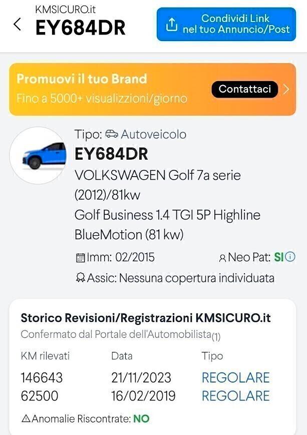 Volkswagen Golf Business 1.4 TGI 5p. Comfortline Benz/Metano