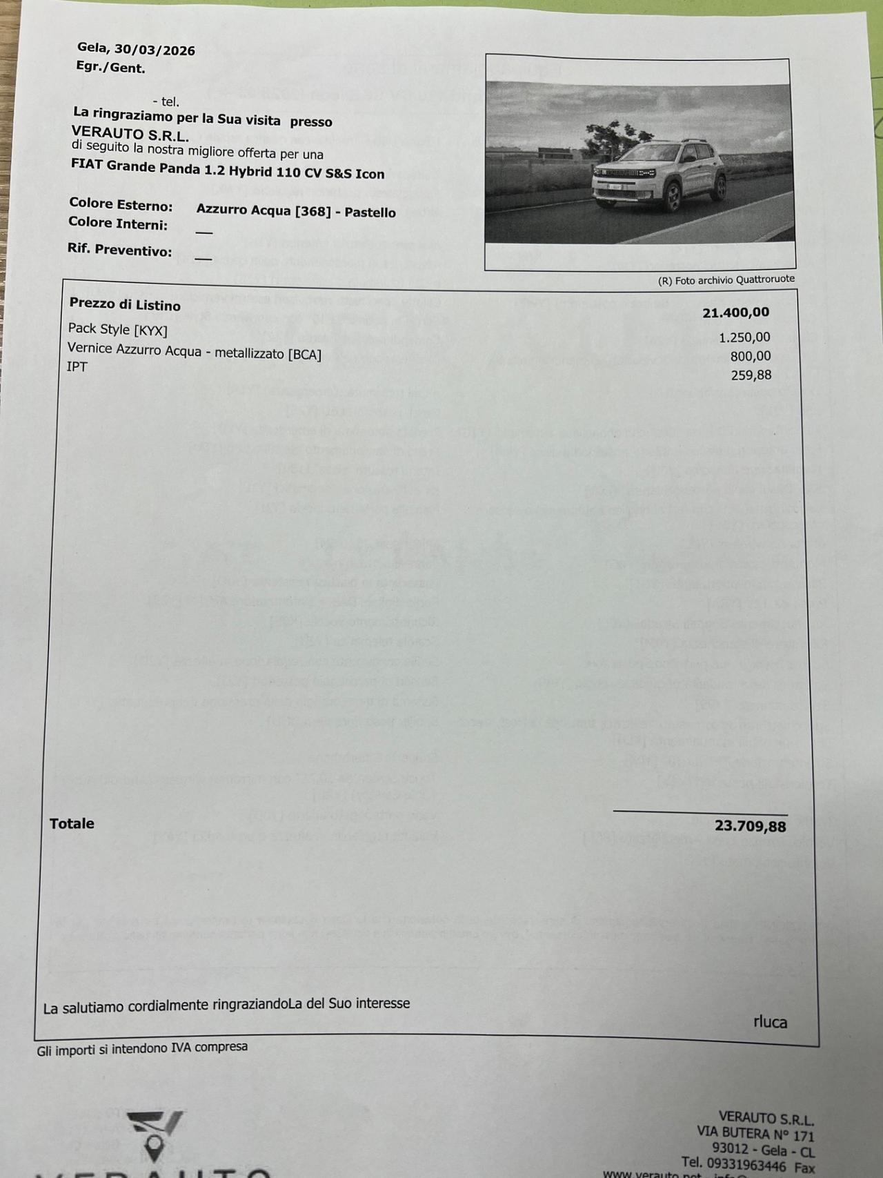 Fiat Grande Panda 1.2 Hybrid 110 CV S&S Icon possibilità noleggio no scoring