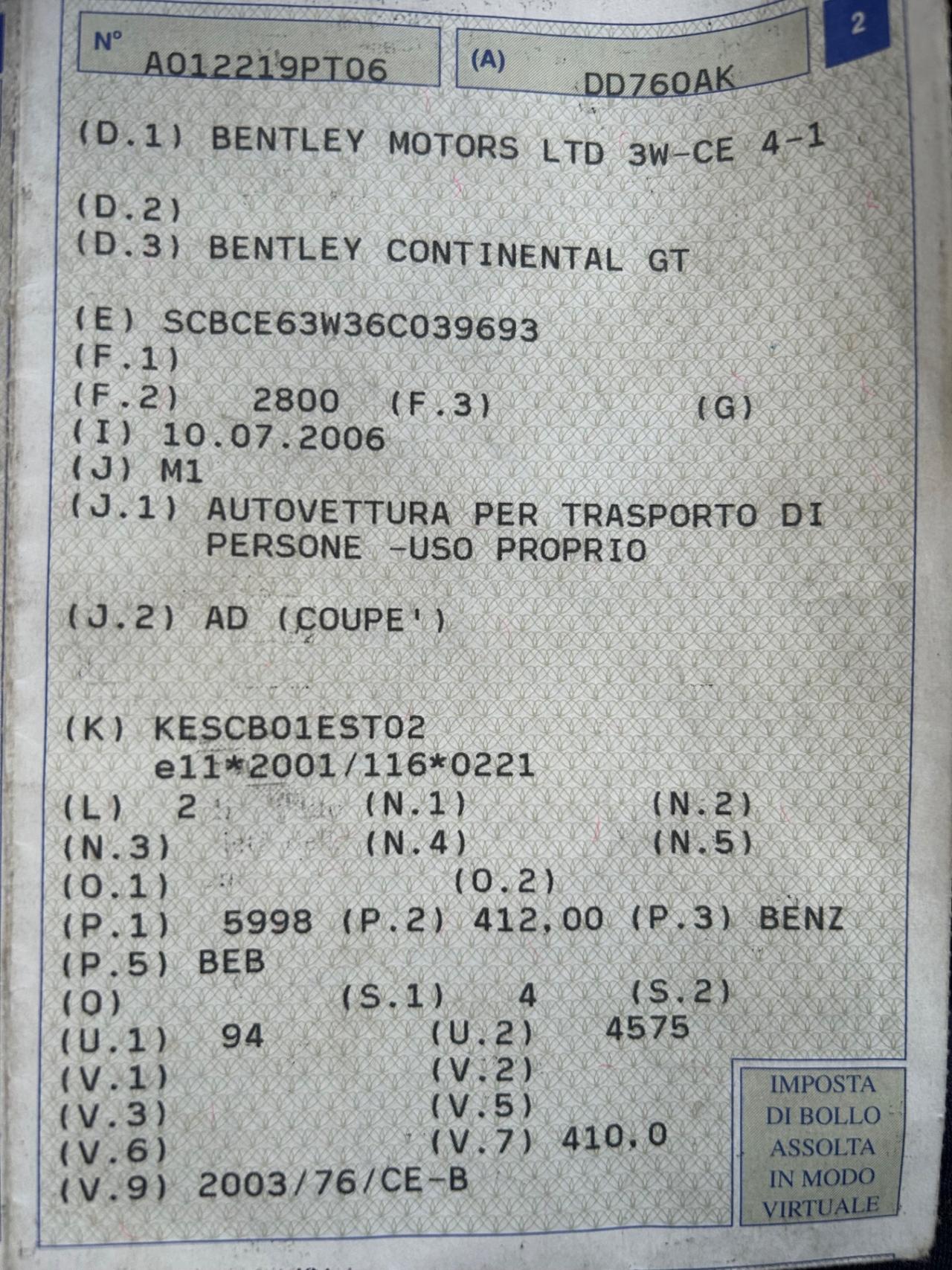 Bentley Continental GT V8 412 KW cilindrata 5998 Full optional