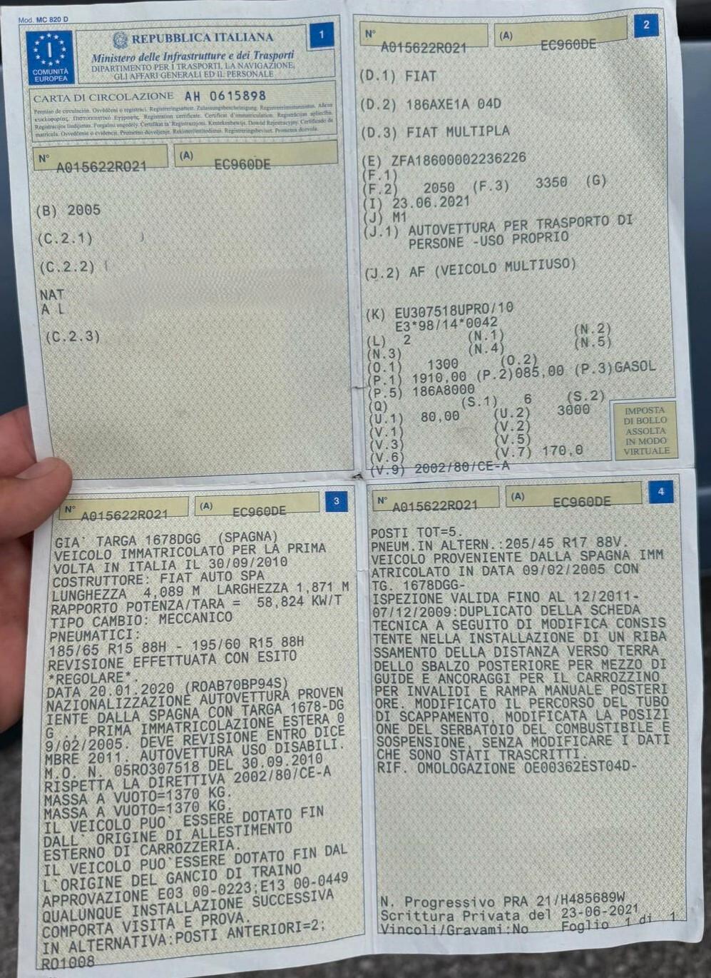 FIAT MULTIPLA 1.9 CON RAMPA PER DISABILI