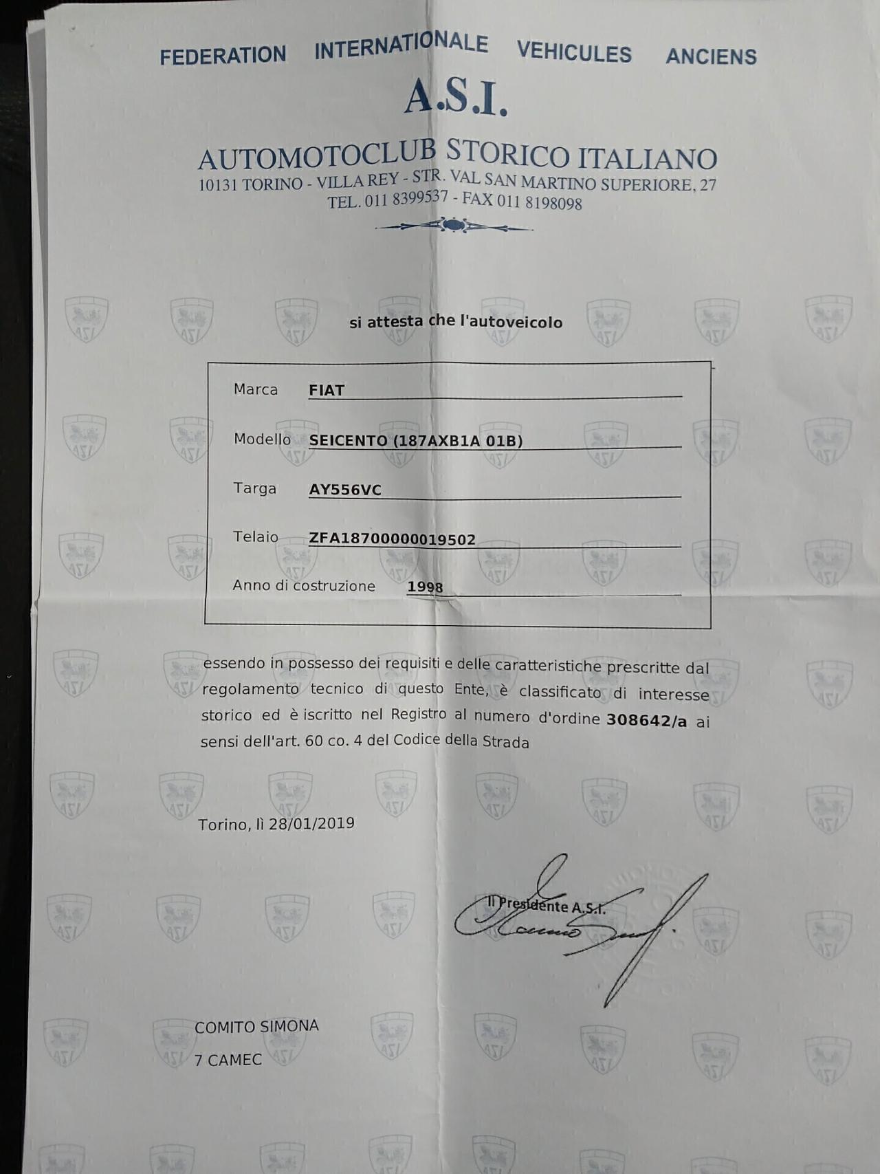 Seicento già iscritta ASI