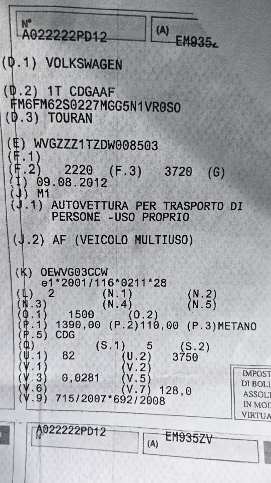 Volkswagen Touran Business 1.4 Metano 5Posti