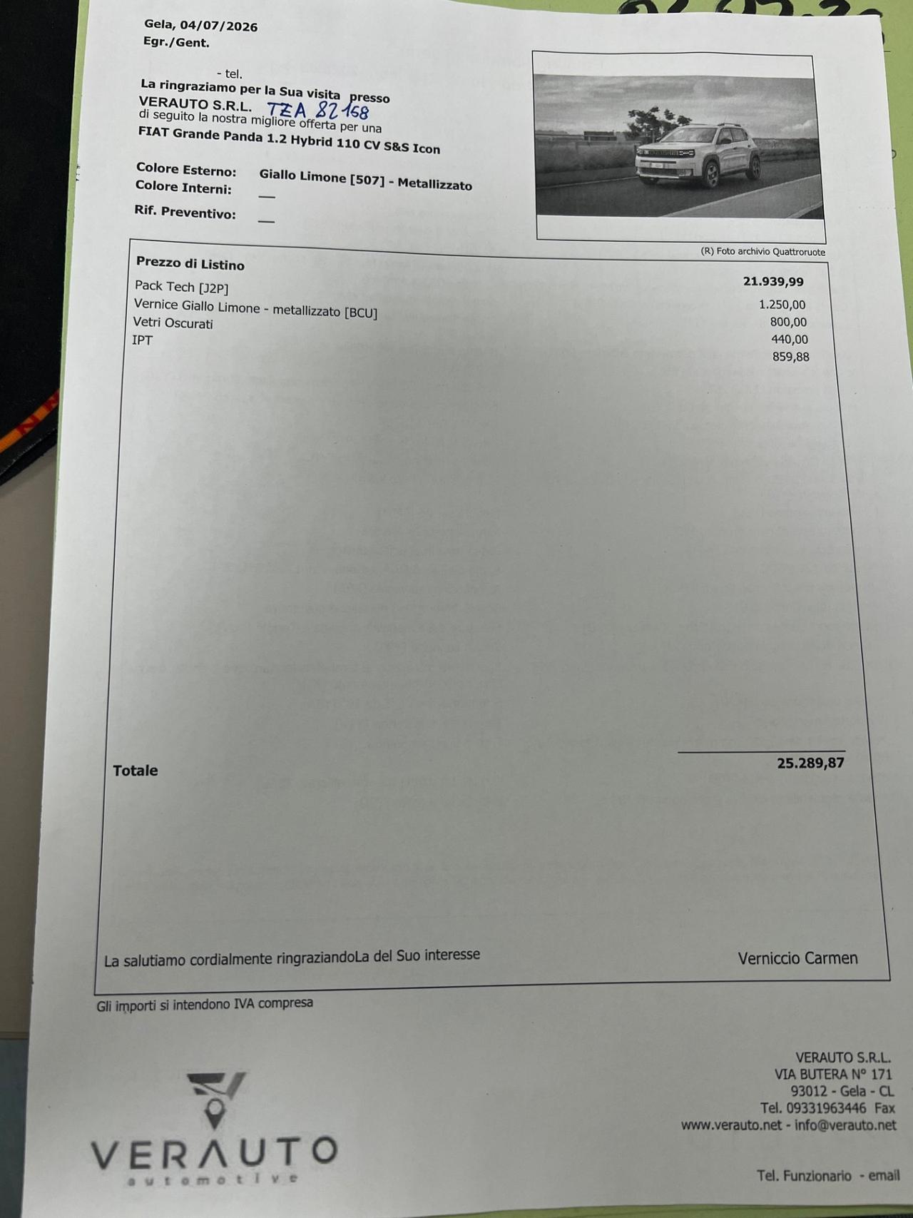 Fiat Grande Panda 1.2 Hybrid 110 CV S&S Icon - possibilità noleggio no scoring