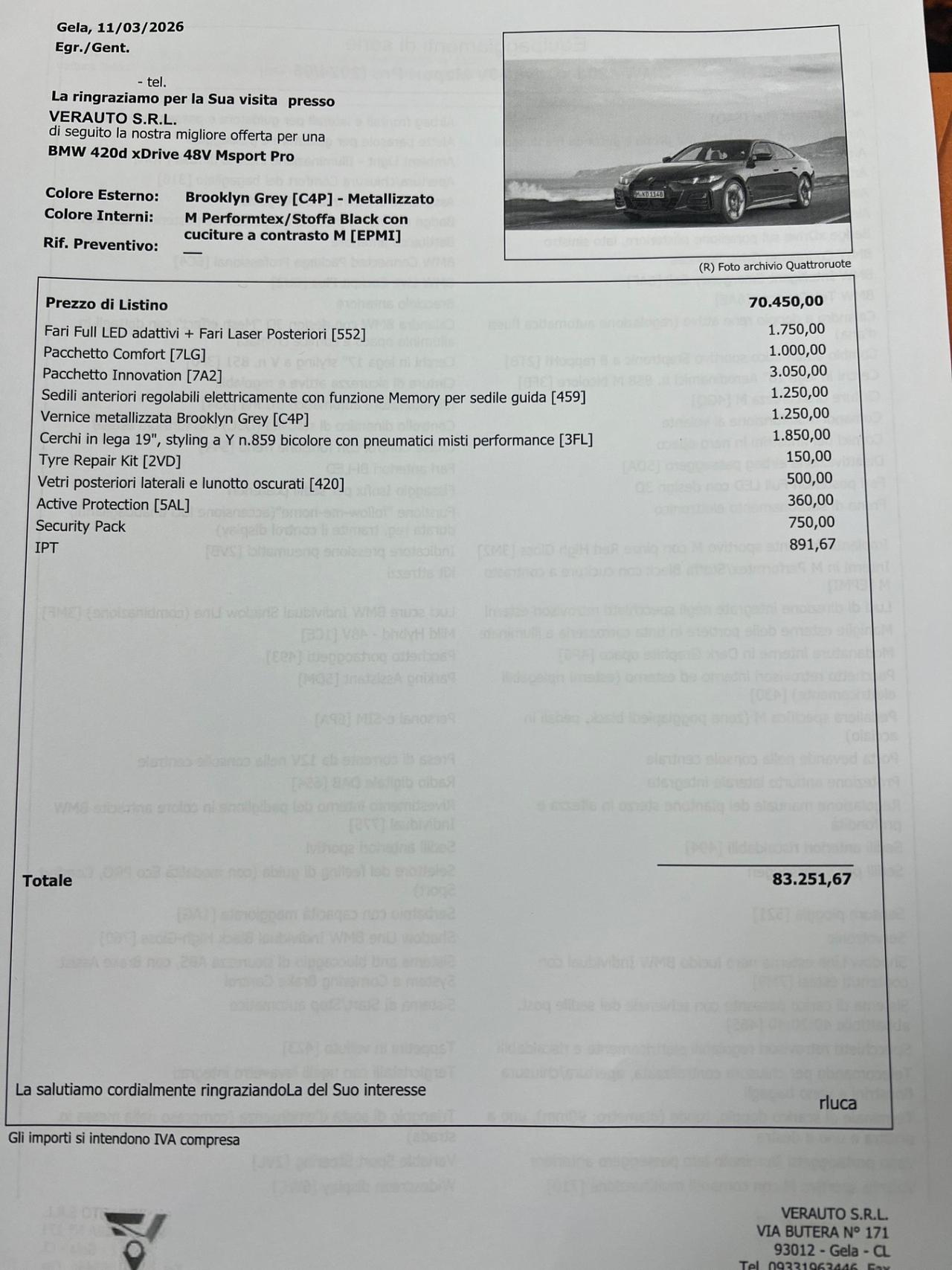 Bmw 420d Gran Coupe xDrive 48V Msport Pro possibilità noleggio no scoring