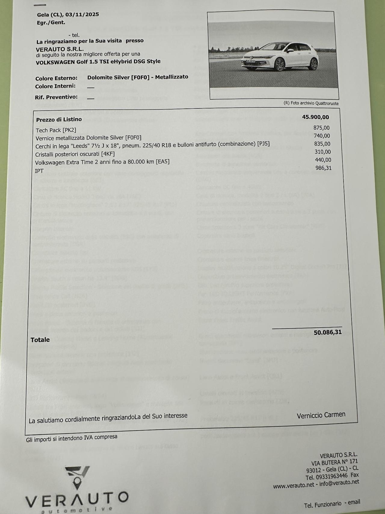 Volkswagen Golf tsi ehybrid dsg possibilità noleggio no scoring