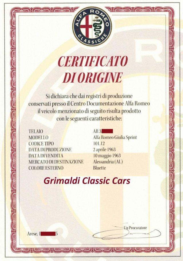 ALFA ROMEO Giulia SPRINT 1.600 *ASI TARGA ORO*TARGA AL.970...