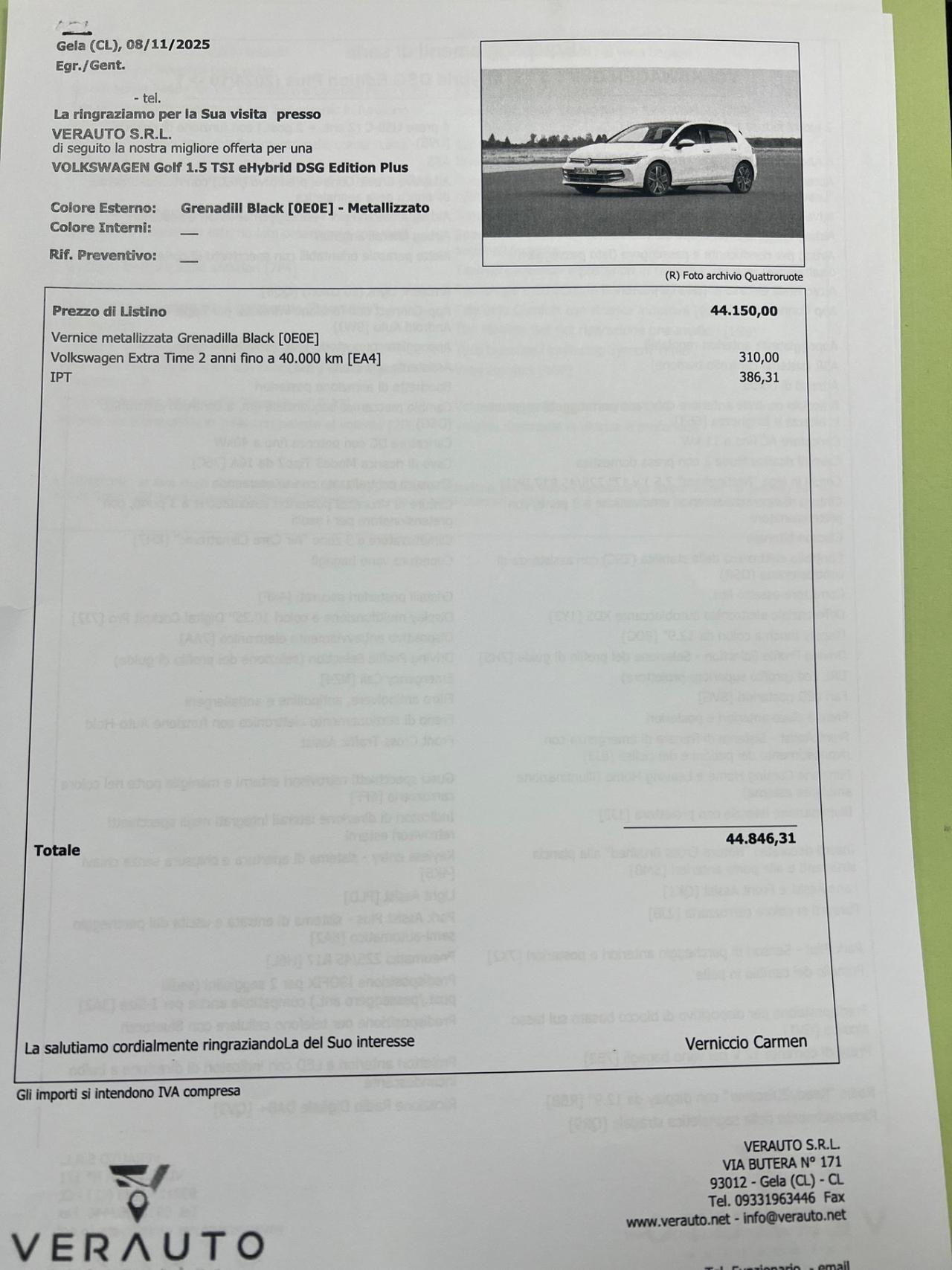 Volkswagen Golf 1.5 TSI eHybrid DSG possibilità noleggio no scoring