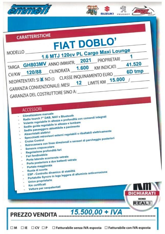 Fiat Doblò 1.6 Mjt 120cv PL Cargo Maxi Lounge