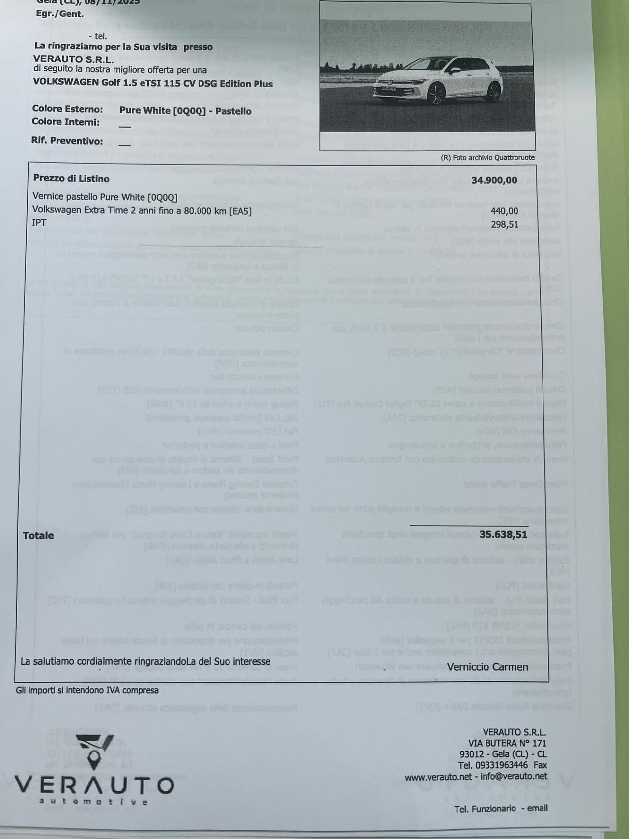 Volkswagen Golf 1.5 eTSI dsg possibilità noleggio no scoring