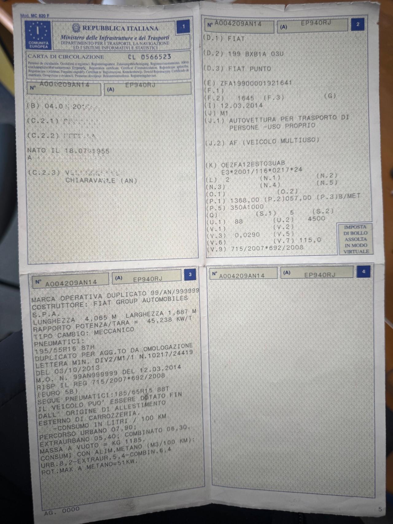 Punto evo 1.4 natural power Neopatentati UNIPRO