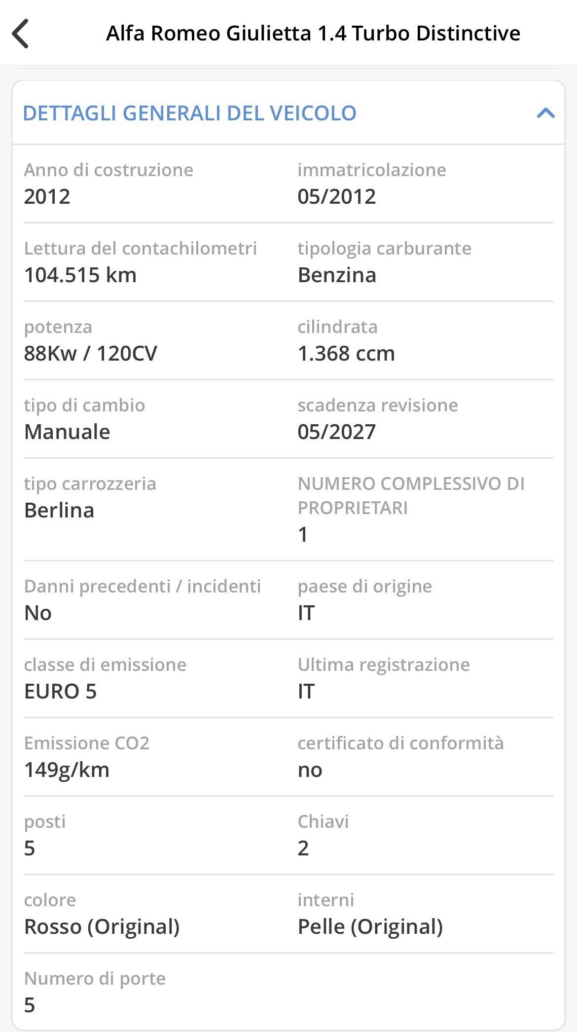 GIULIETTA 1.4T-JET 120CV UNICO PELLE NEOPATENTATI