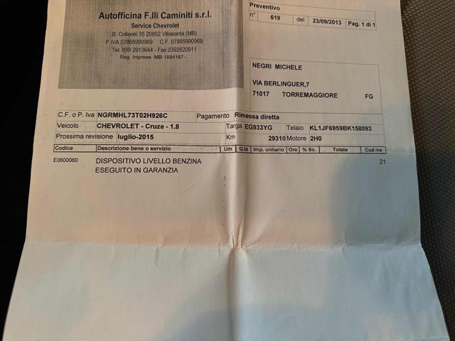 CHEVROLET Cruze 1.8 4 porte LS GPL VALIDO FINO AL LUGLIO 2031