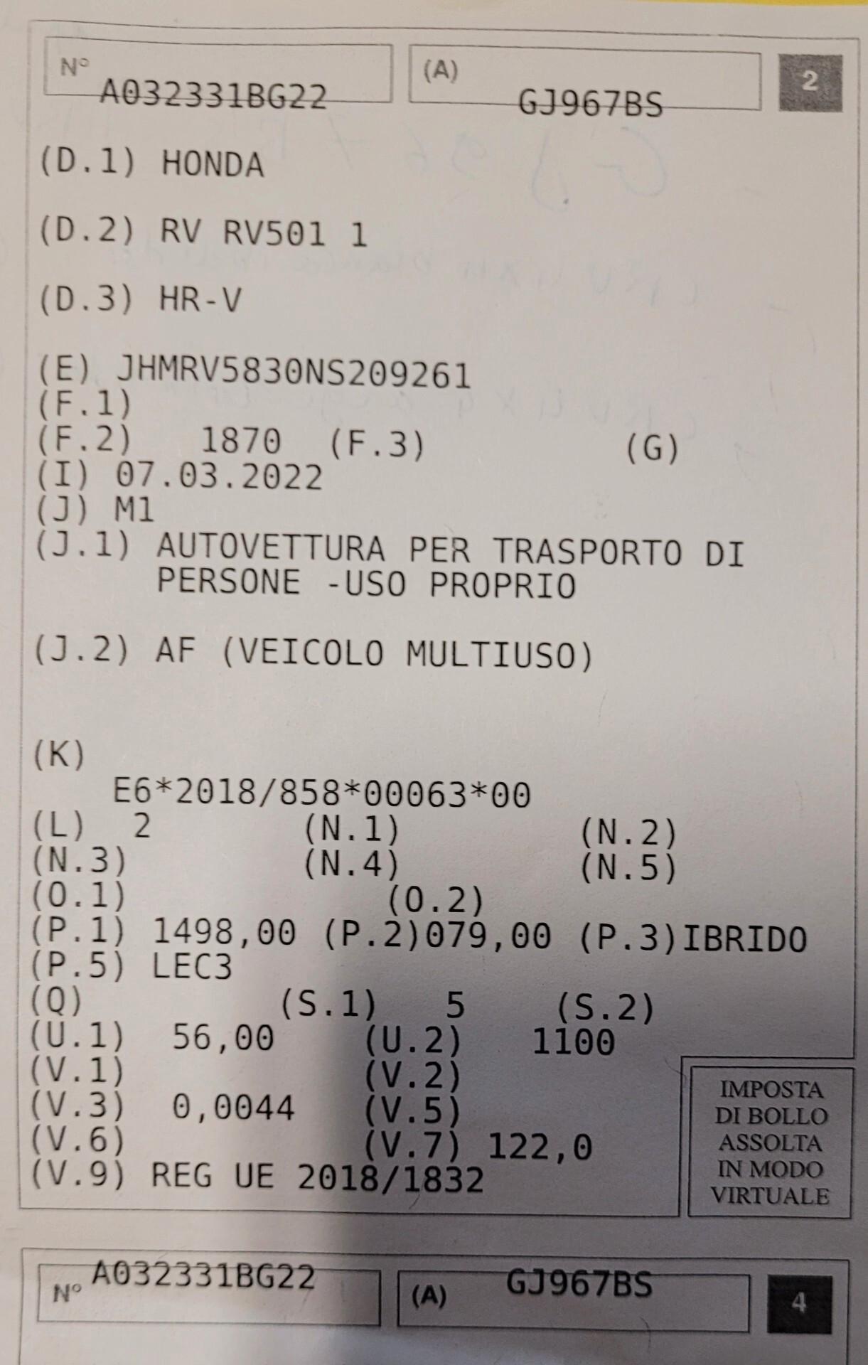 Honda HR-V 1.5 Ibrido .. Garanzia fino 2030..