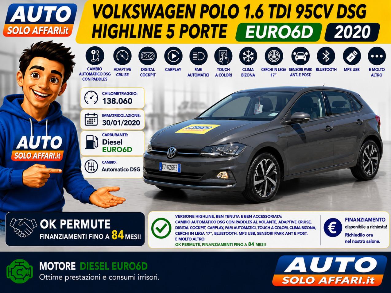 Volkswagen Polo 5 Porte 1.6 TDI HIGHLINE 95CV DSG CAMBIO AUTOMATICO EURO6D