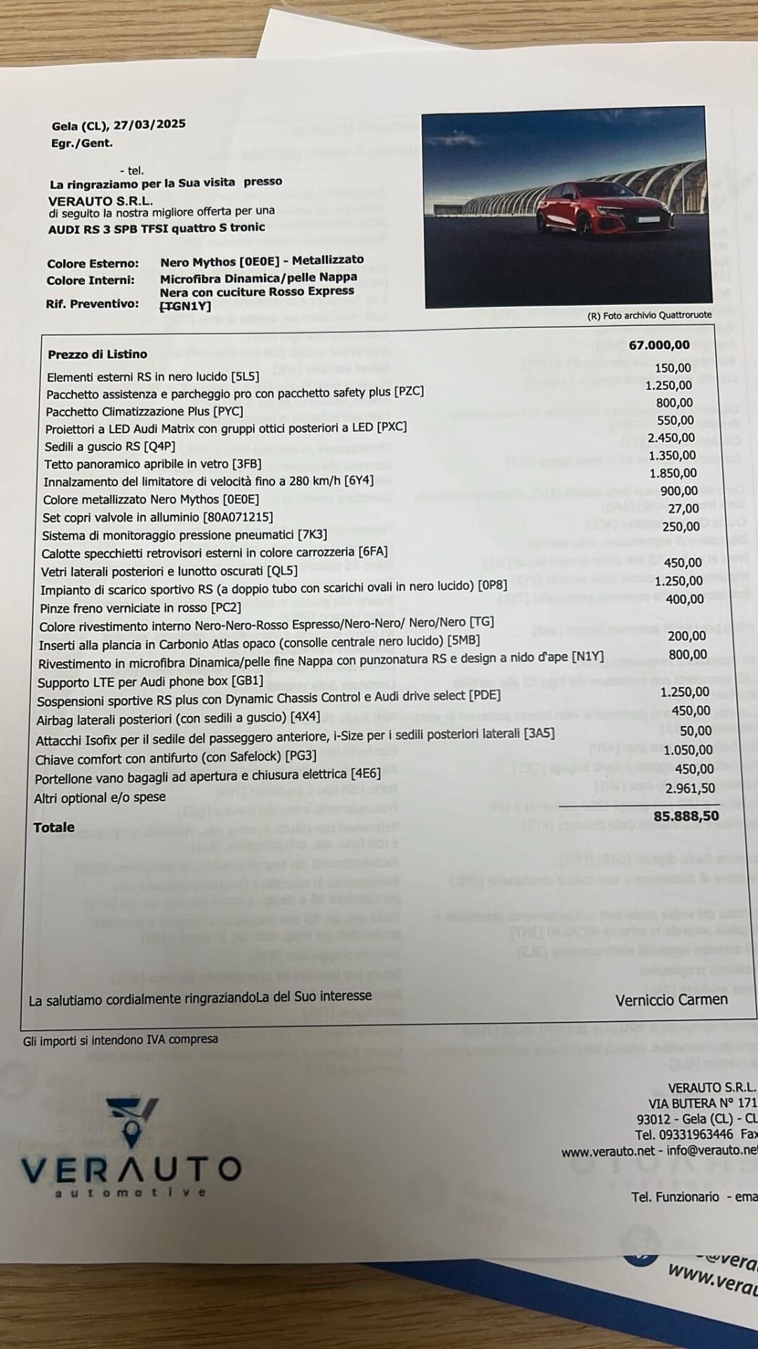 Audi RS3 SPB 2.5 tfsi possibilità noleggio no scoring