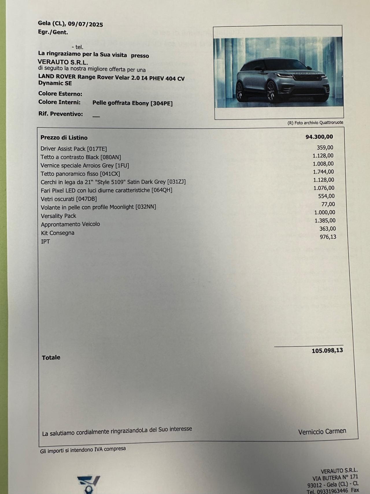 Range Rover Velar phev Dynamic HSE possibilità noleggio no scoring