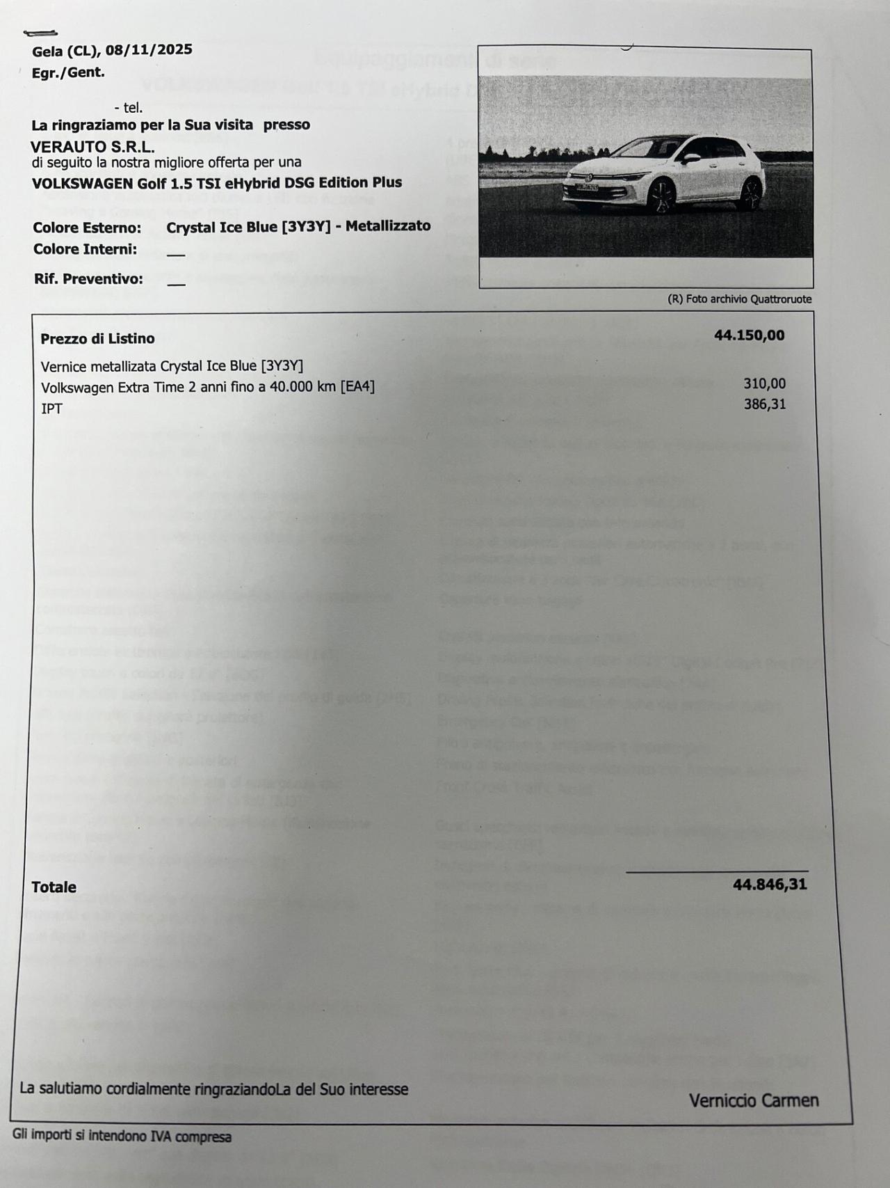 Volkswagen Golf 1.5 TSI eHybrid DSG Edition Plus possibilità noleggio no scoring