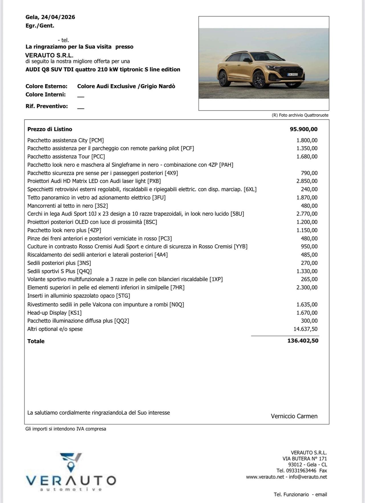 Audi Q8 SUV TDI quattro 286Cv tiptronic S line edition Possibilità Noleggio no Scoring