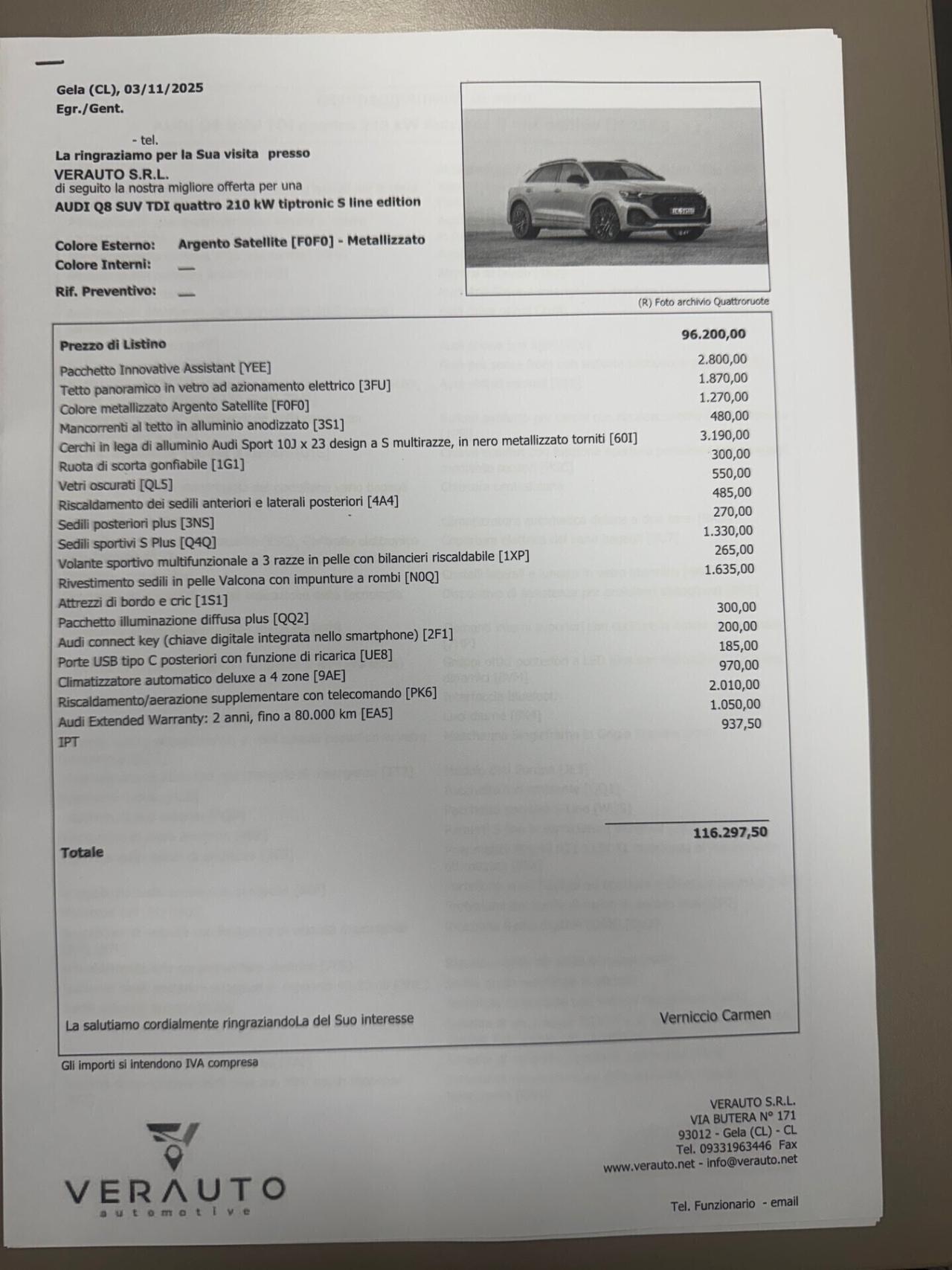 Audi Q8 Sline 3.0 mhev possibilità noleggio no scoring