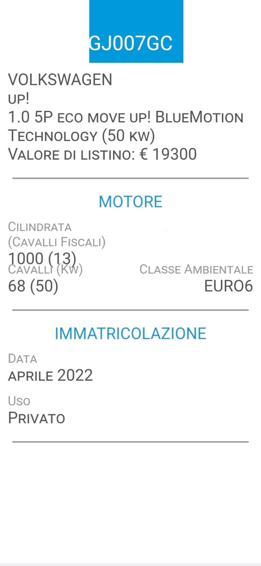 VOLKSWAGEN UP! ECO-FRENATA CITY-BOLLO 35 EURO-REVISIONE