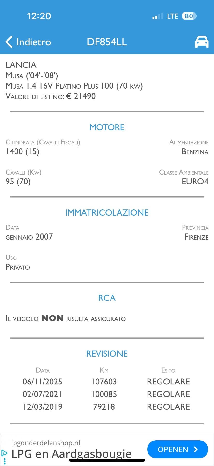 Lancia MUSA 1.4 16V Platino Plus benzina 2007