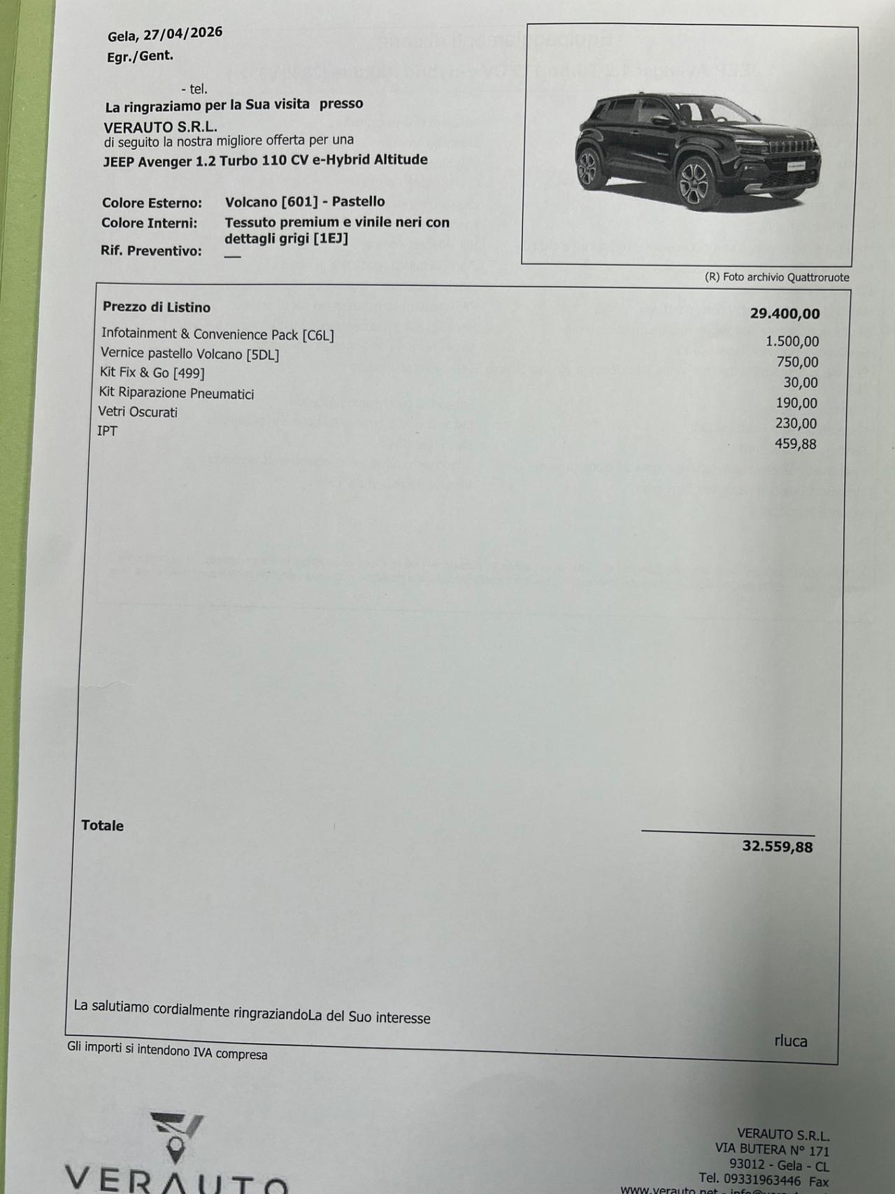 Jeep Avenger 1.2 Turbo 110 CV MHEV Altitude possibilità noleggio no scoring