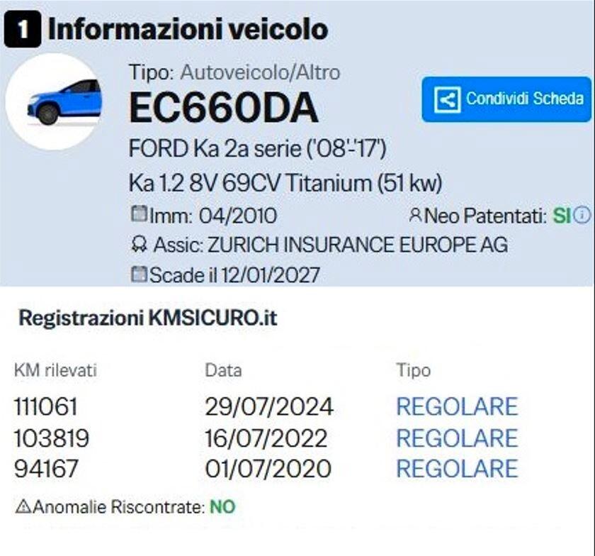 Ford Ka GPL ANNO 2010 UNICO PROPR. GARANZIA 12