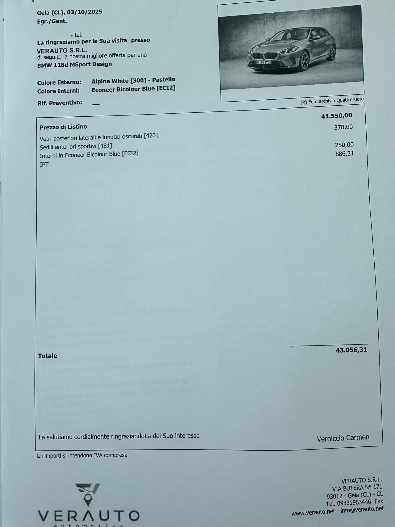 BMW 118 d MSport Design possibilità noleggio no scoring