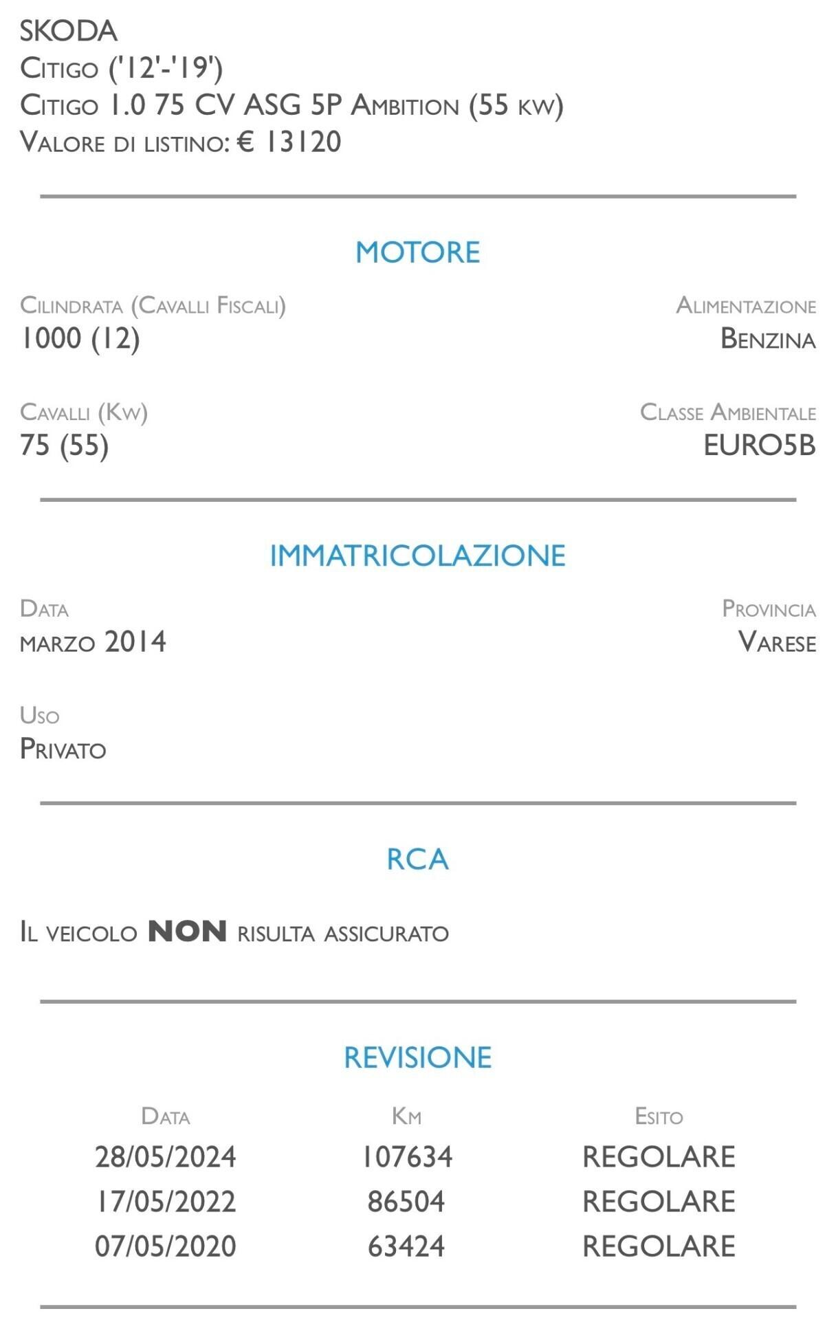 Skoda Citigo 1.0 75 CV ASG 5 porte Ambition - CAMBIO AUTOMATICO
