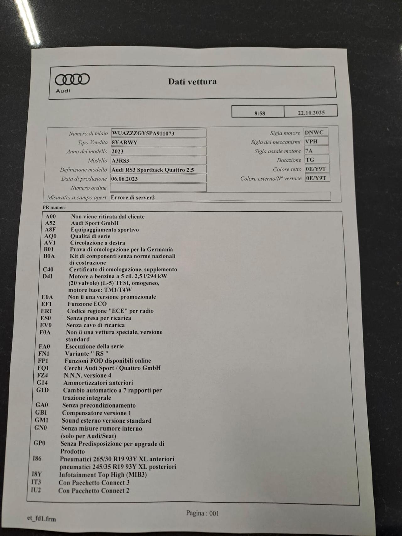 Audi A3 RS 3 SPB TFSI quattro S tronic 400CV