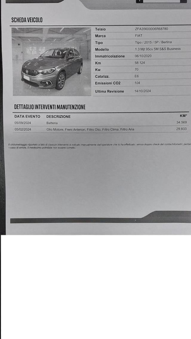 FIAT Tipo 1.3 Mjt S&S 5 porte Business Az. Italia 50.000 Km