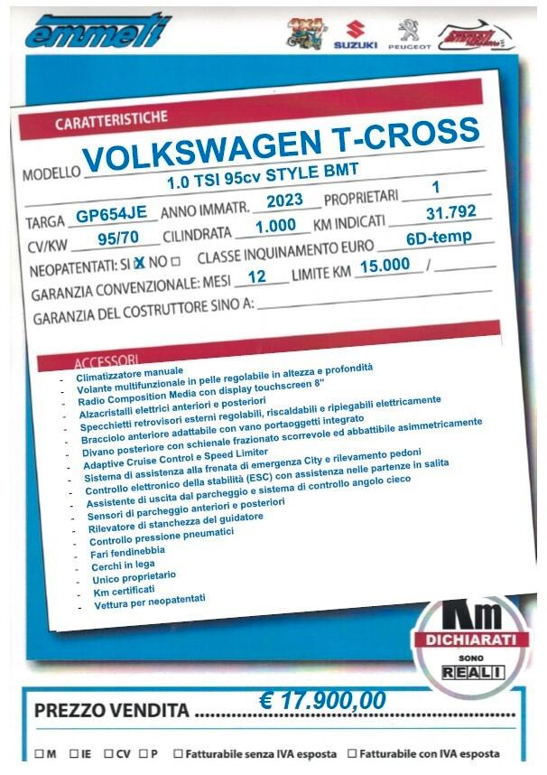 Volkswagen T-Cross 1.0 TSI 95cv Style BMT