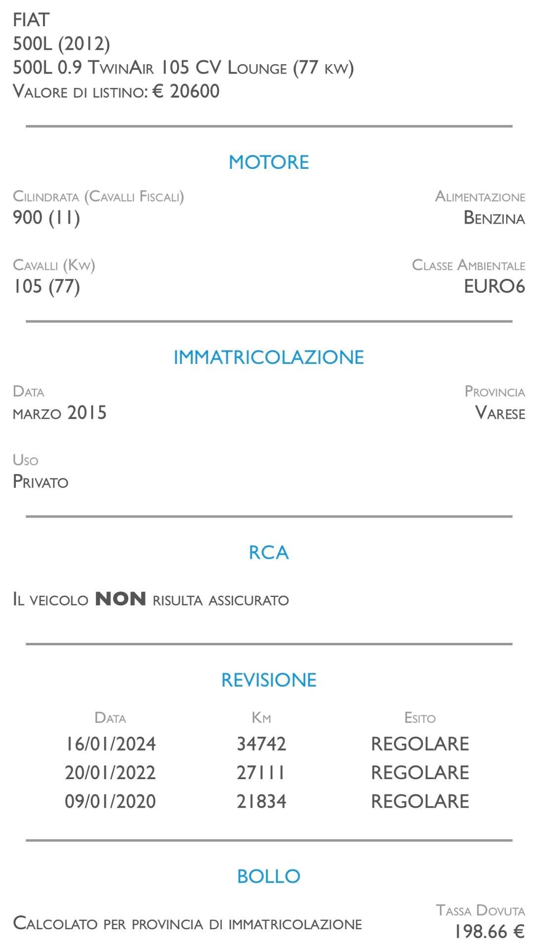 Fiat 500L 0.9 TwinAir 105 CV Lounge - UNICO PROPRIETARIO