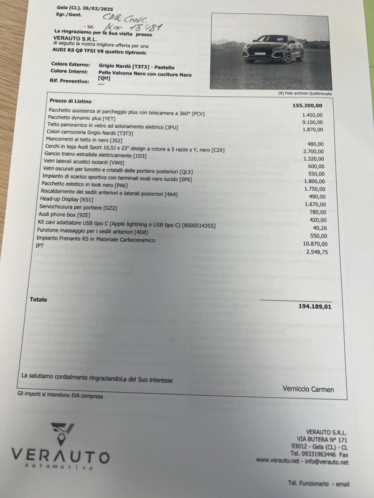 Audi RS Q8 4.0 mhev possibilità noleggio no scoring