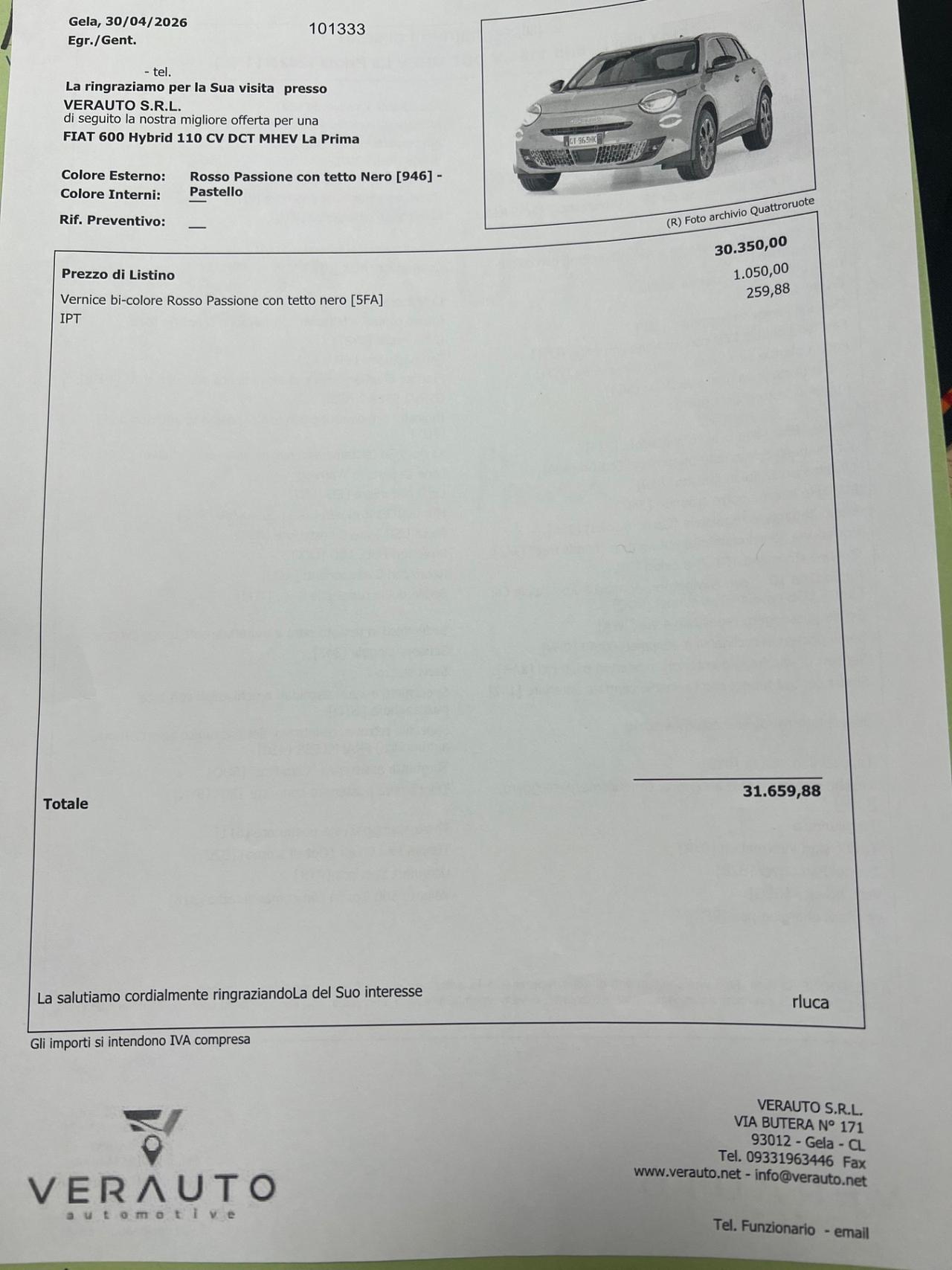 FIAT 600 1.2 hybrid La Prima 110cv - possibilità noleggio no scoring