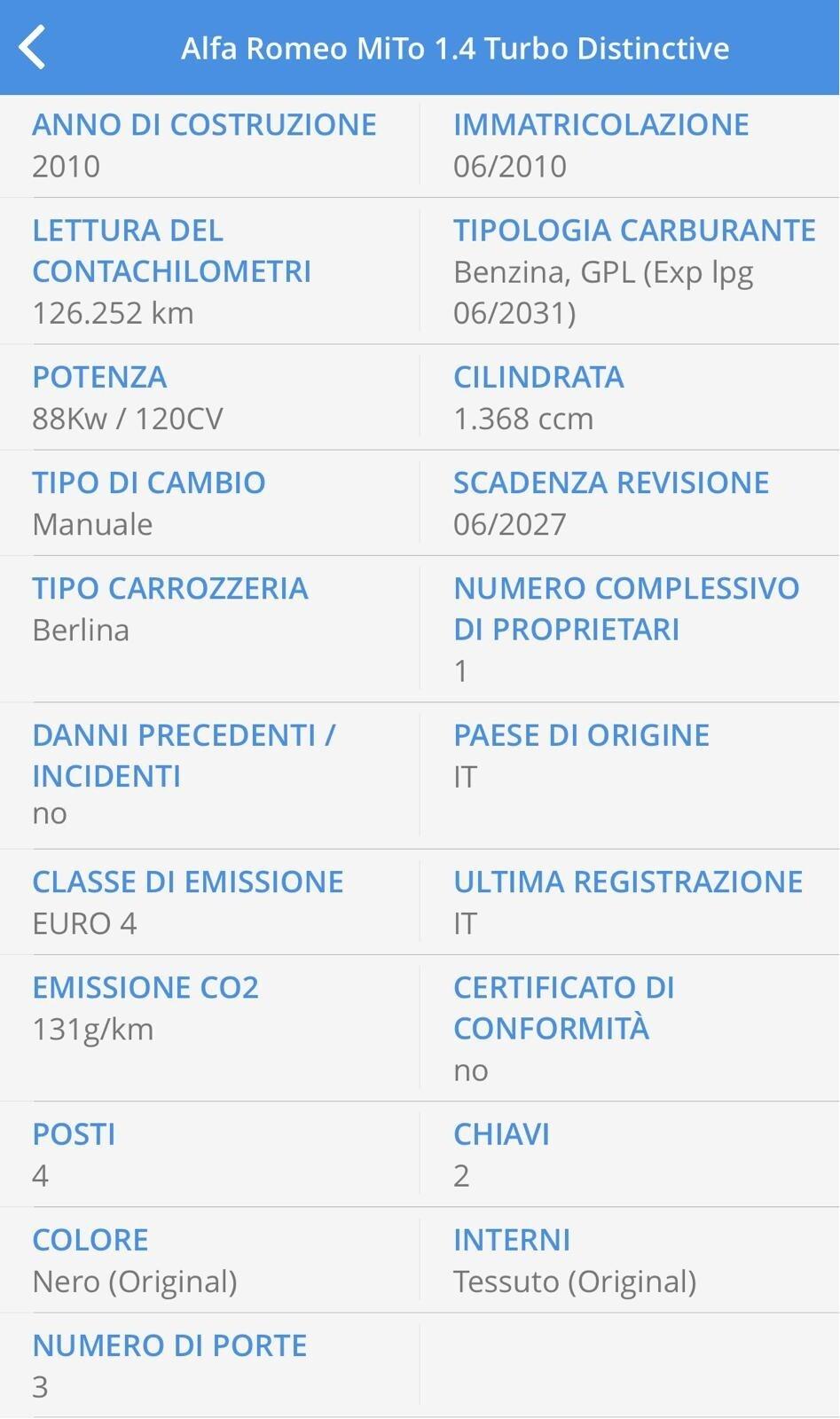 ALFA MITO 1.4 TJET 120CV GPL SPORT UNICO NEOPATENT