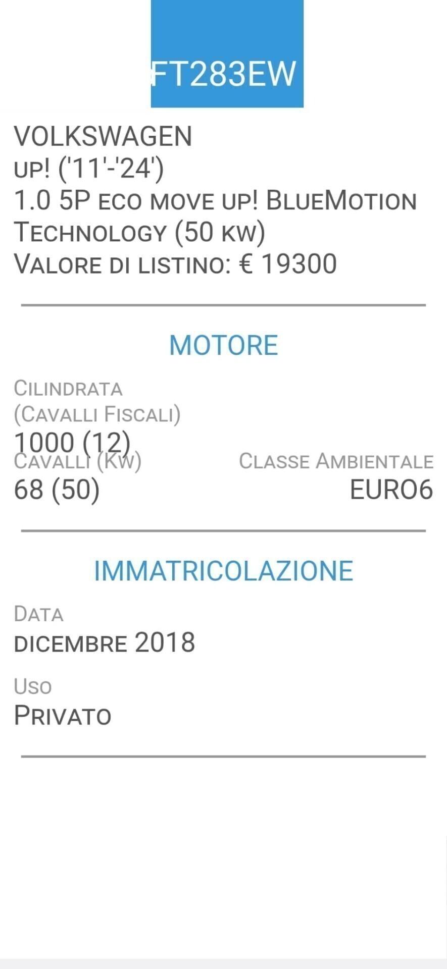 VOLKSWAGEN UP! ECO-FRENATA CITY-BOLLO 35 EURO-2 REVISIONI