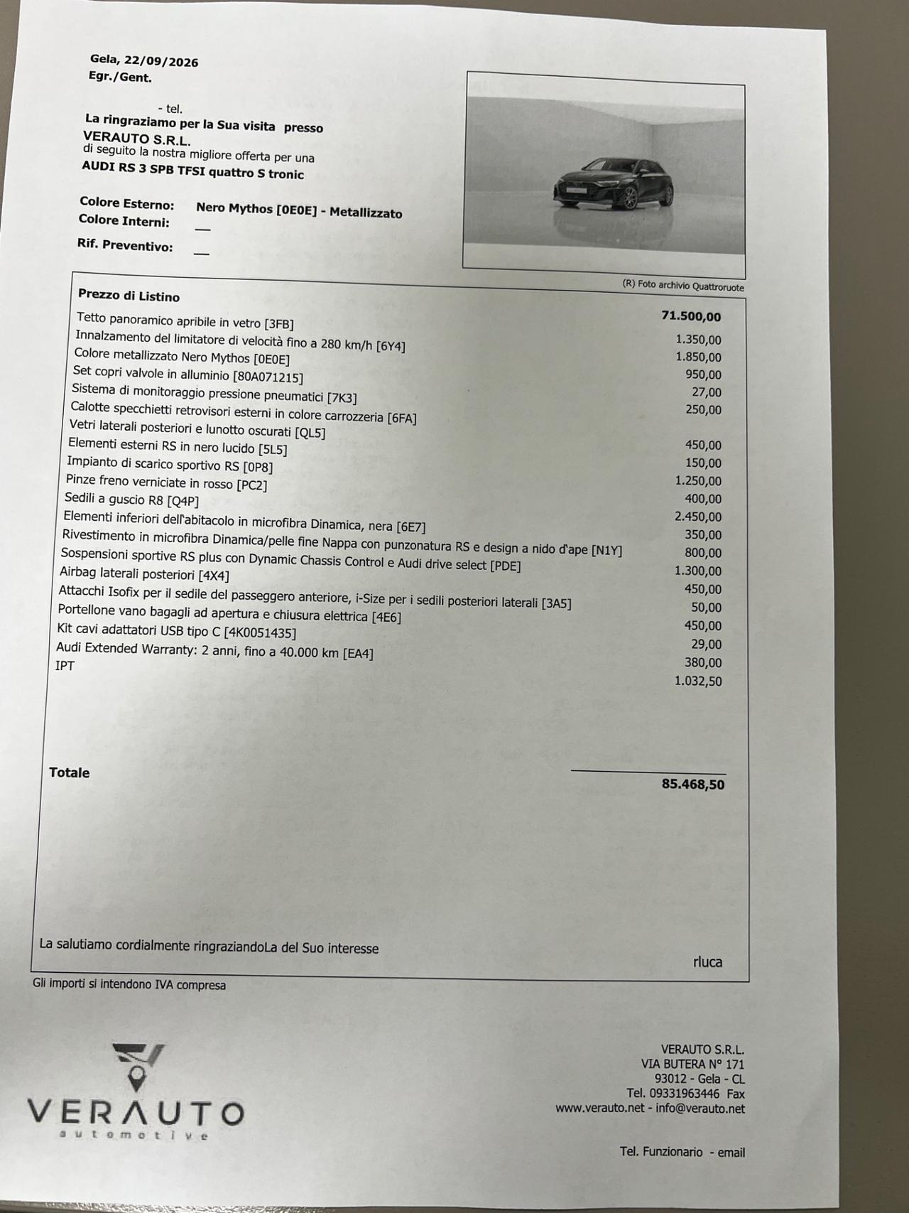 Audi RS3 SPB 2.5 400CV tfsi quattro s-tronic - possibilità noleggio no scoring