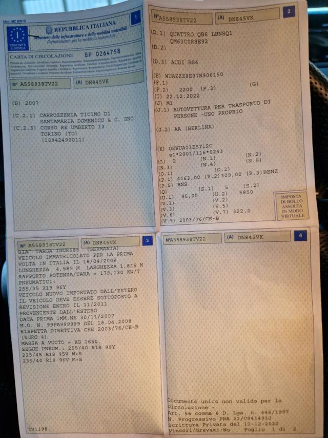 AUDI RS4 4200 V8 CV.420 QUATTRO KM. 26.000- RECARO- UNIPROP