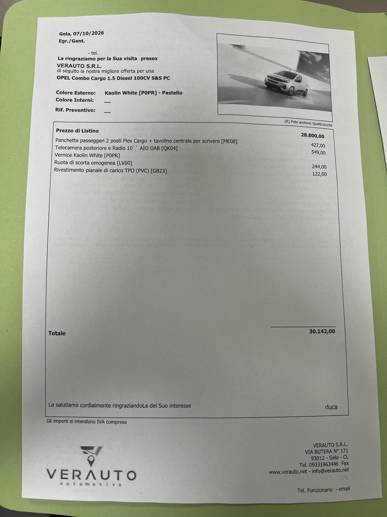 Opel Combo Cargo 1.5d 100CV PC - possibilità noleggio no scoring