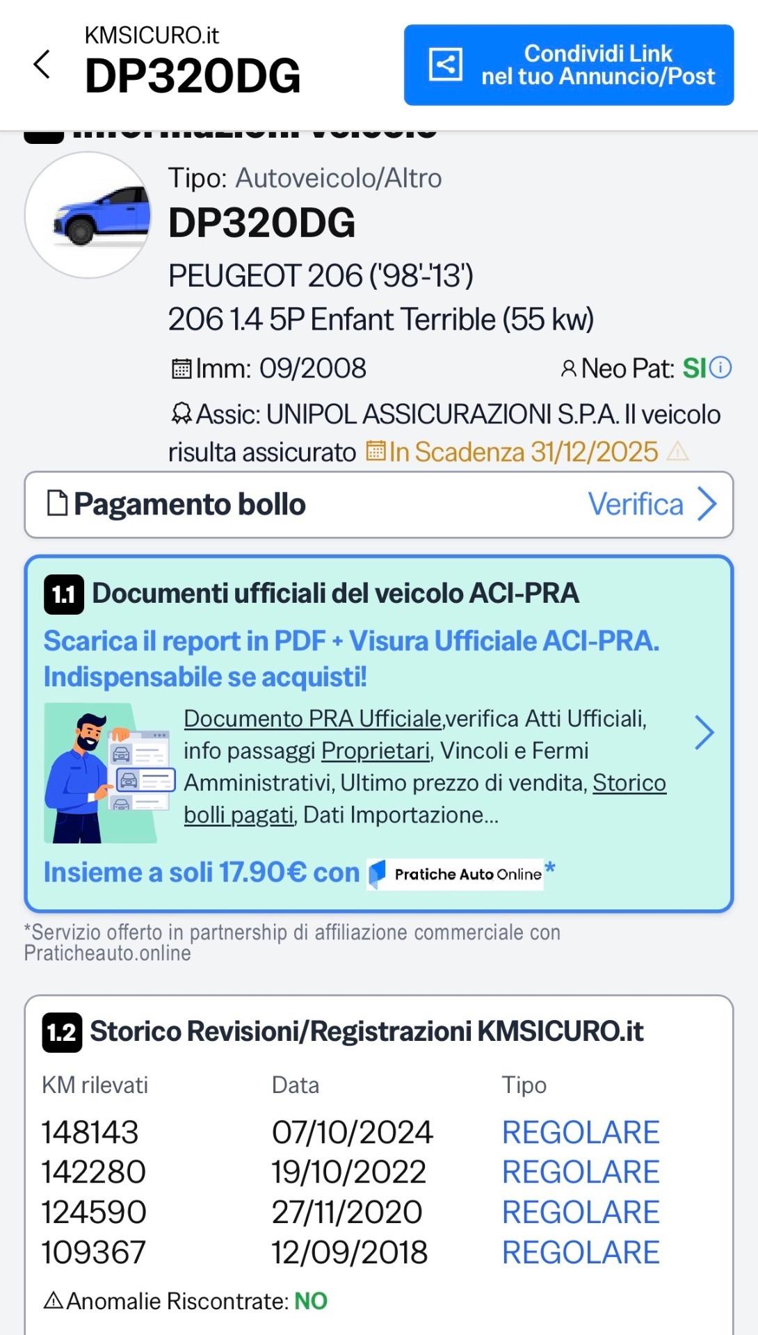Peugeot 206 1.4 benzina 5 porte km 152 mila ok neopatentati