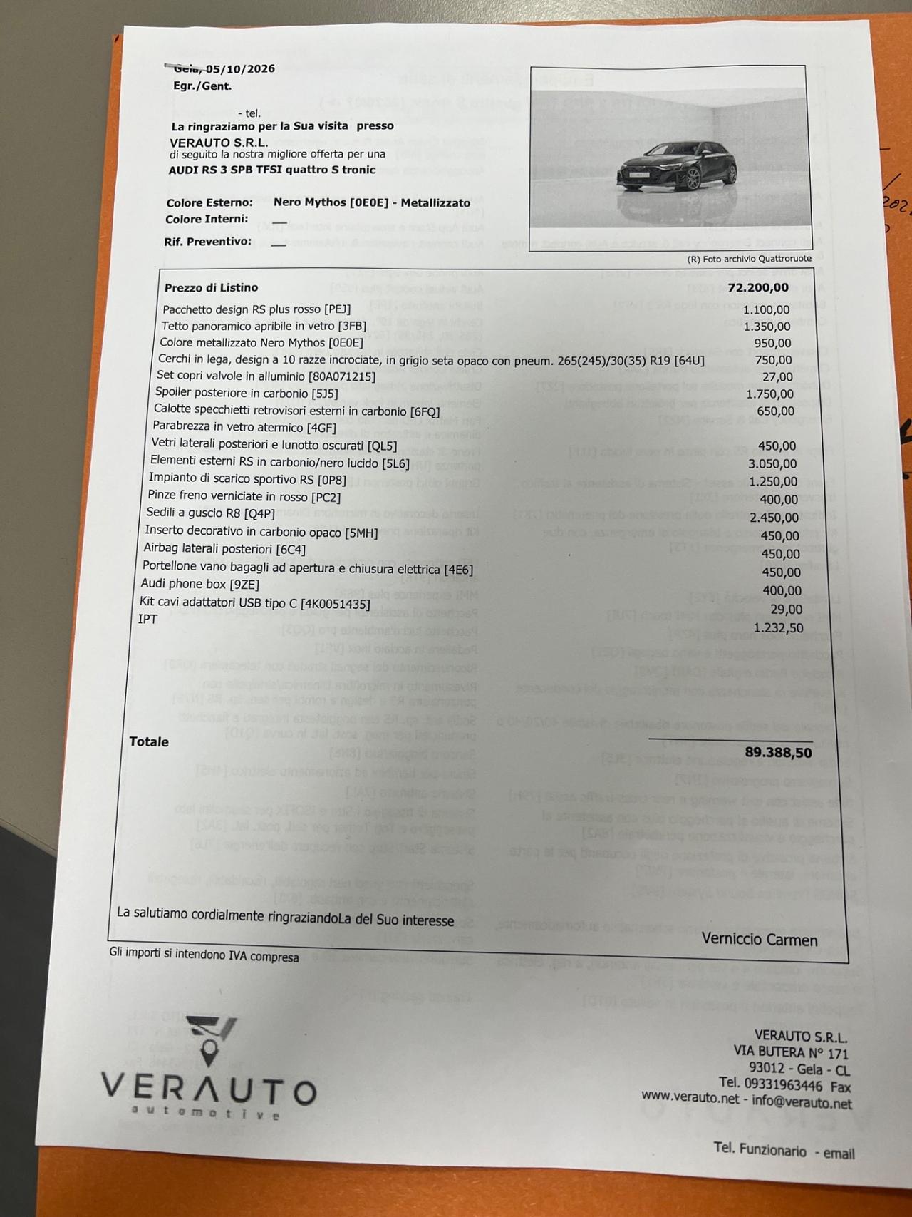 Audi RS3 SPB TFSI quattro S tronic - possibilità noleggio no scoring