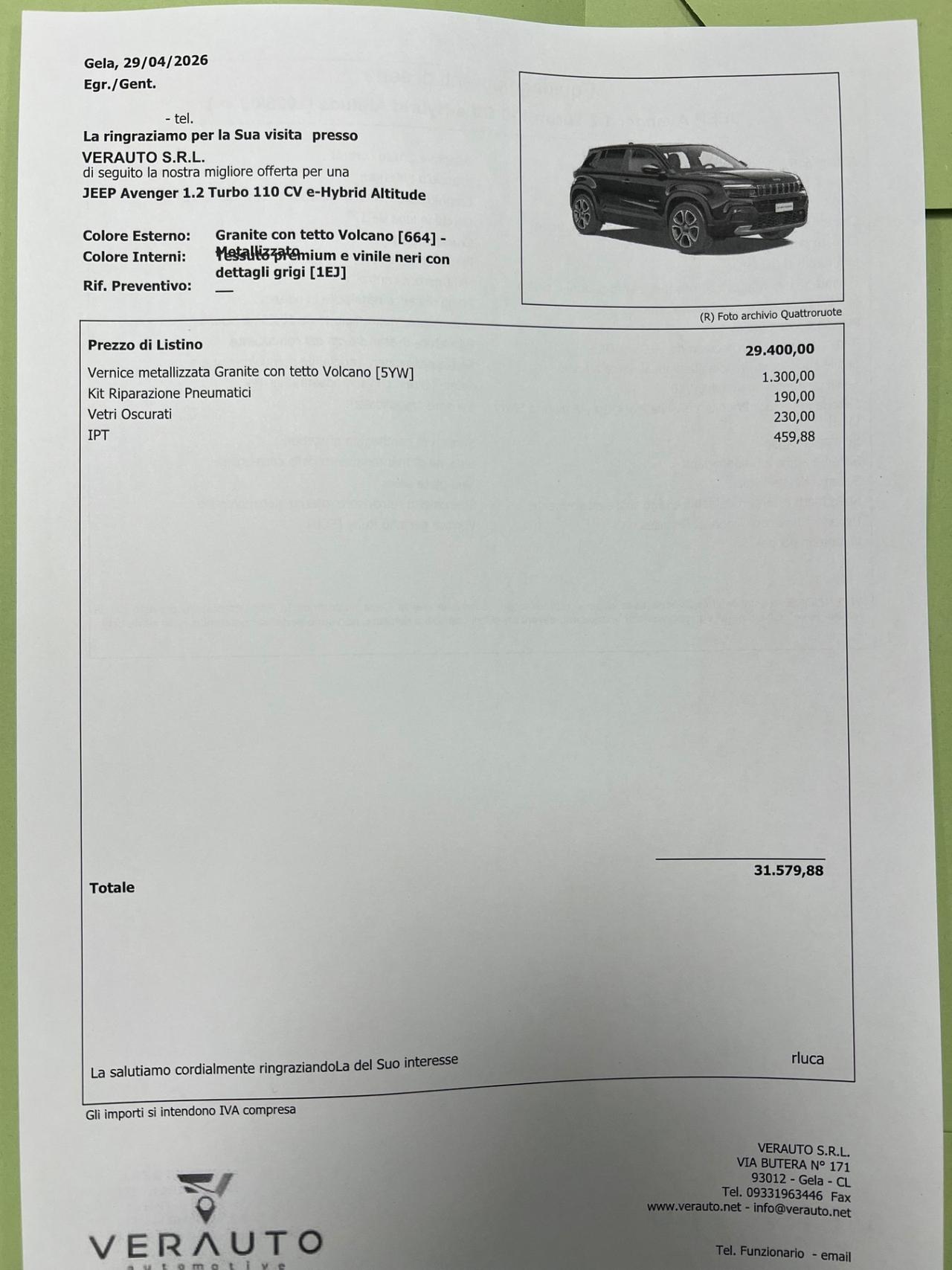 Jeep Avenger 1.2 Turbo 110 CV MHEV Altitude possibilità noleggio no scoring