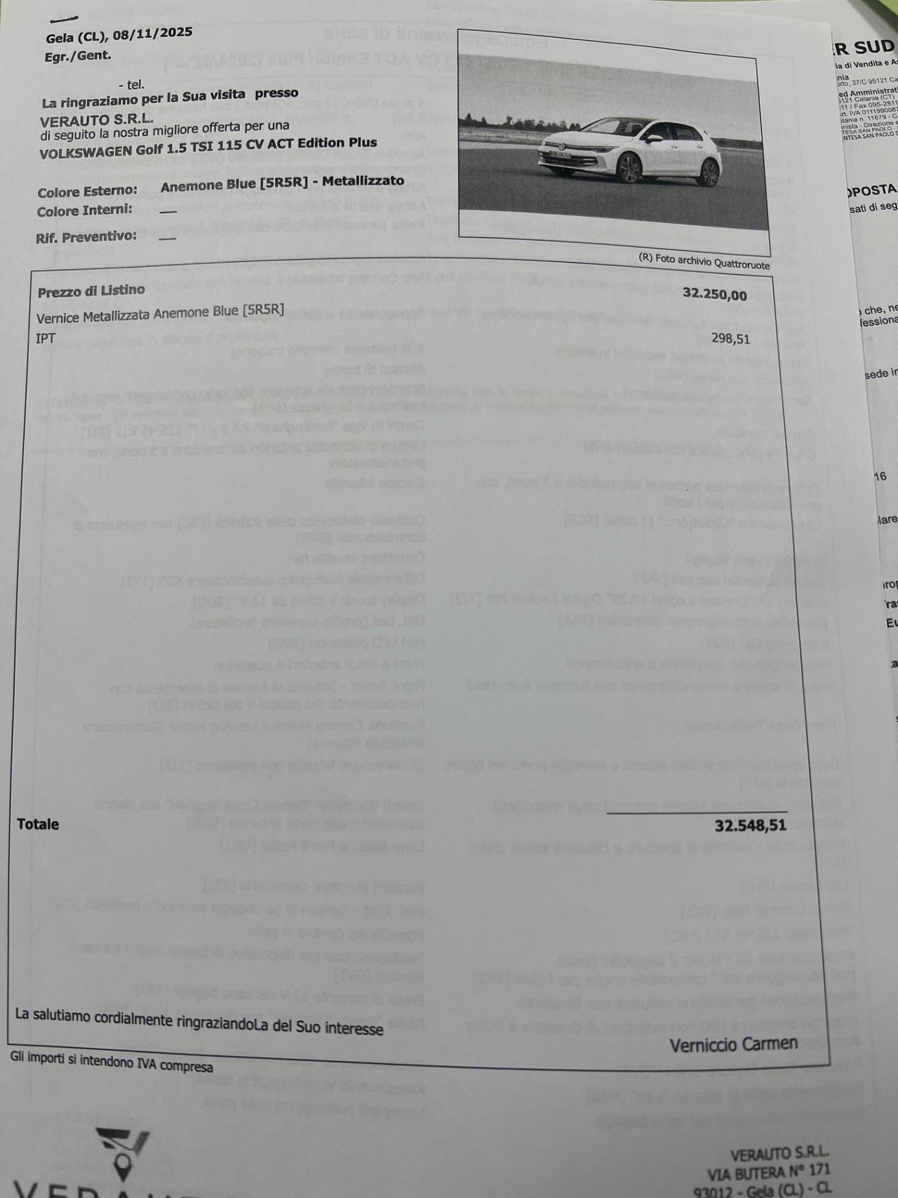 Volkswagen Golf 1.5 tsi 115cv possibilità noleggio no scoring