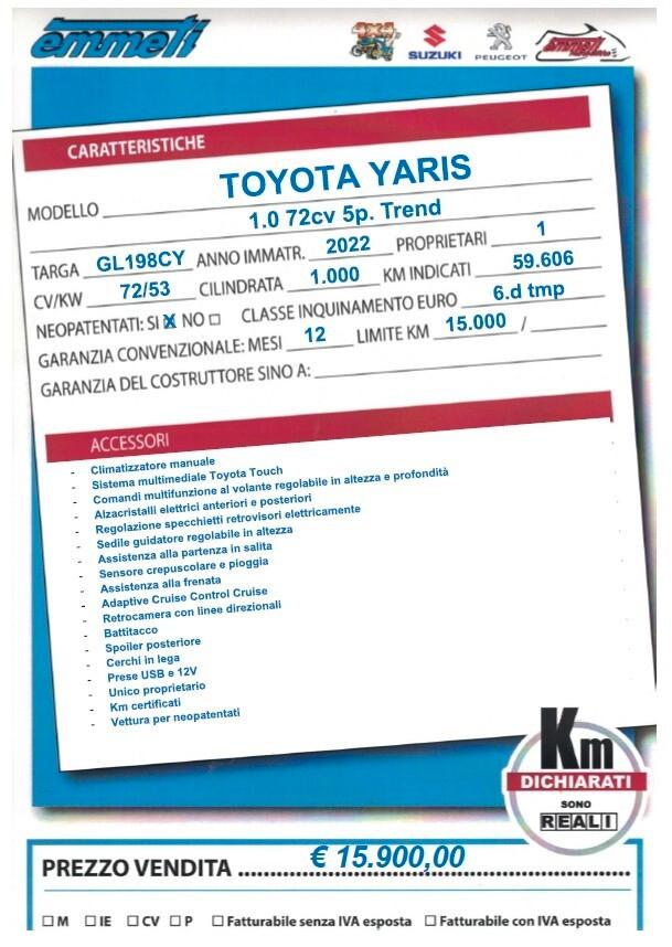 Toyota Yaris 1.0 72cv 5p. Trend