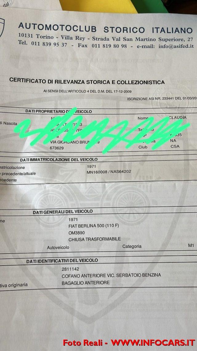 FIAT 500 500 (110f) '71 Certificazione ASI Conservata